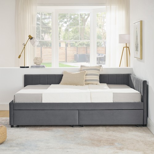 Full Size Velvet Upholstered Tufted Bed Frame Sofa Bed Daybed W/ 2 Drawers Grey - Picture 5 of 24