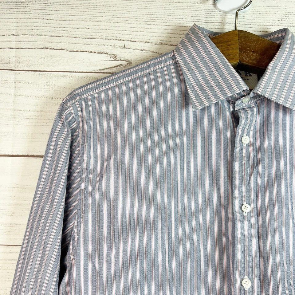 Thomas Pink Mens Striped Blue Red Classic Fit Button Down Shirt Size 16.5 35 - Image 3 of 4