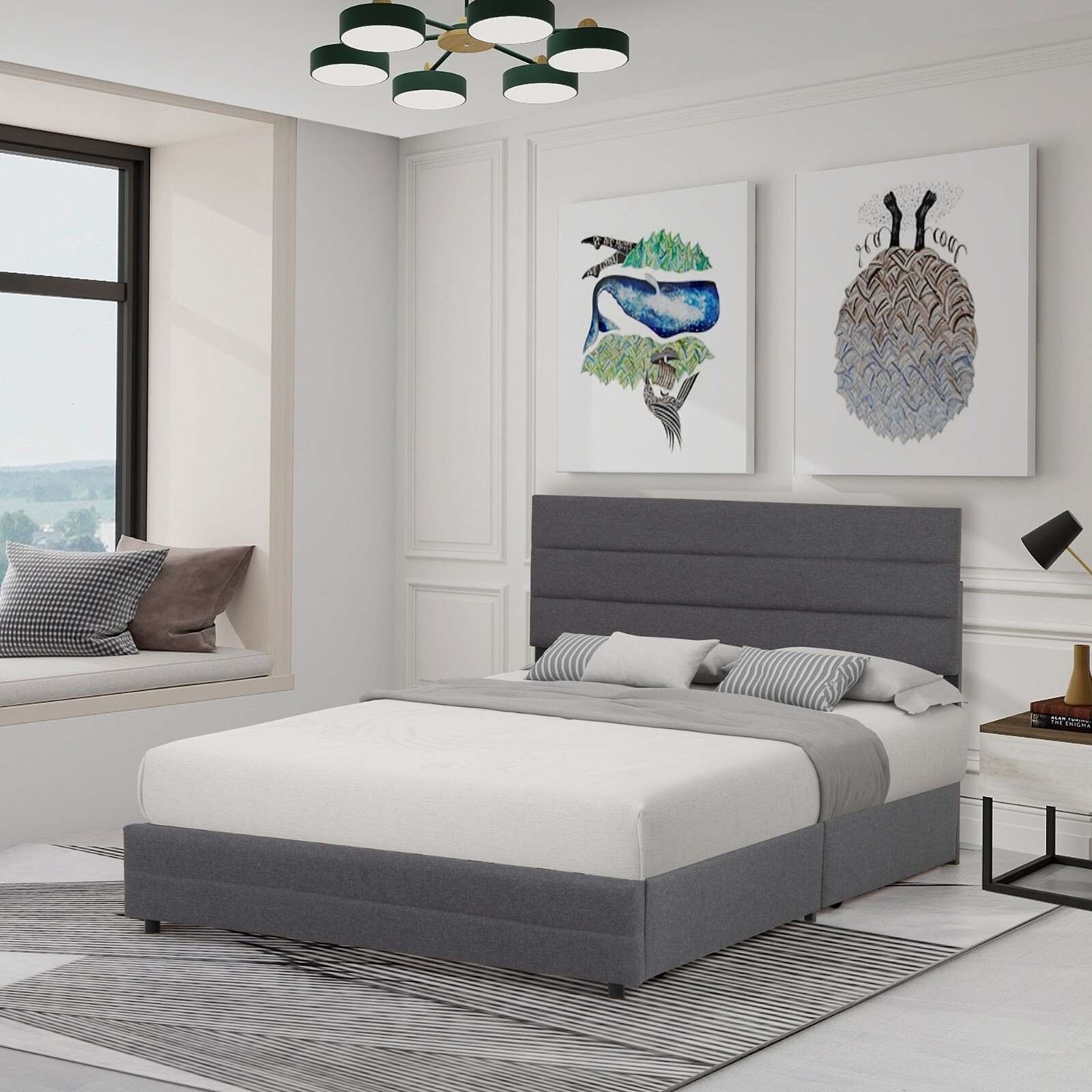 Bed Frame with 4 Storage Drawers,Fabric Upholstered Stripe Queen Size