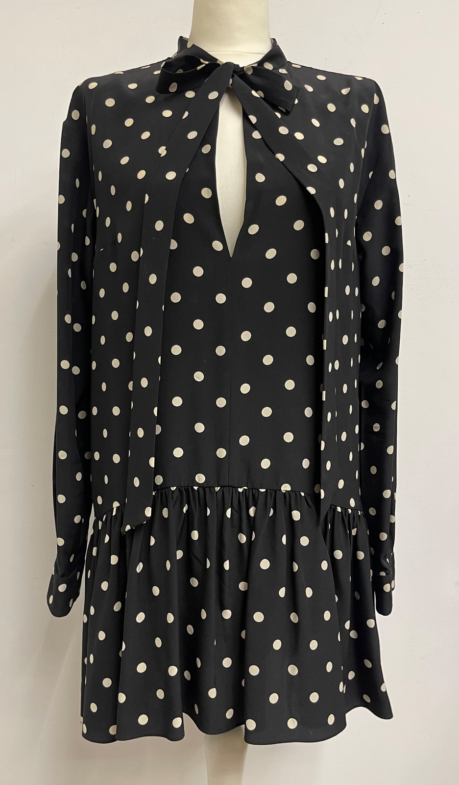 Abito Saint Laurent Donna Nero 100% Seta A Polka Tratteggiata Midi Bodycon Wrap FR 36 S