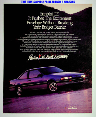 Pontiac Sunbird LE Sports Car 1988 Trade Print Magazine Ad Poster ADVERT