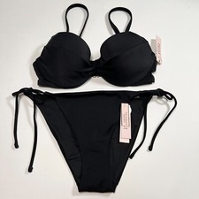 Victoria Secret 32C S Twist Front Push Up Bikini Top Cheeky Bottom Set Black
