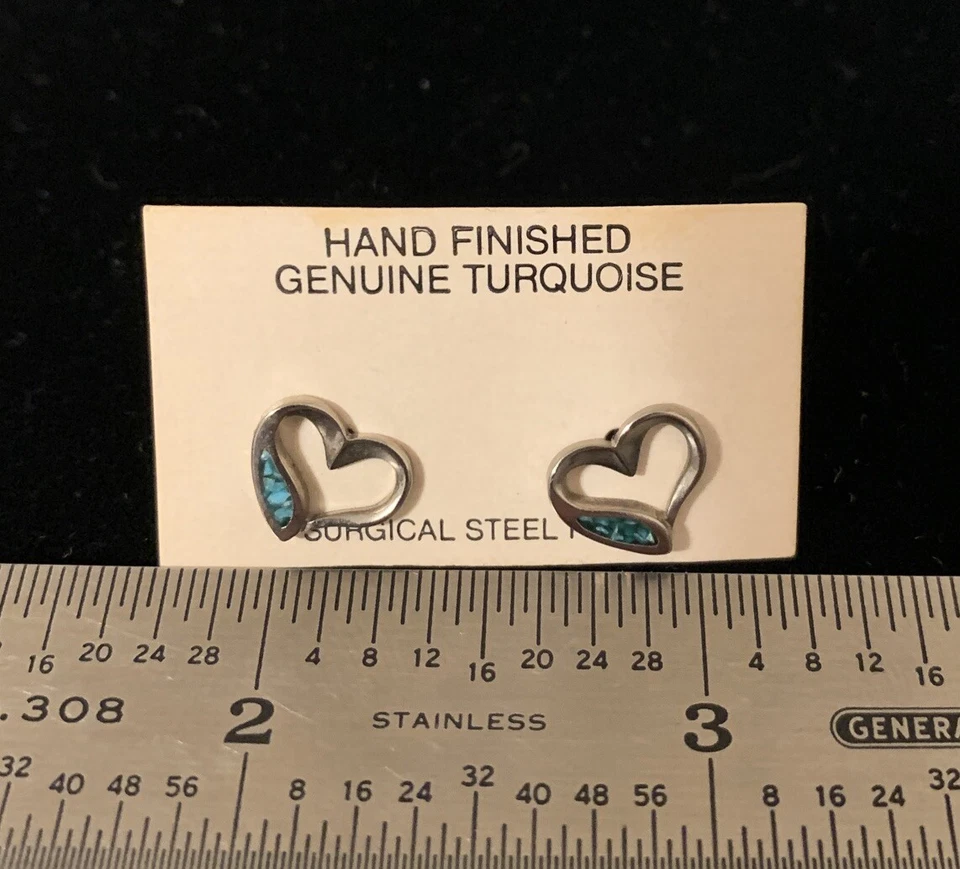 复古碎绿松石耳环开放式心脏手术钢柱 — 第 3/4 张图片