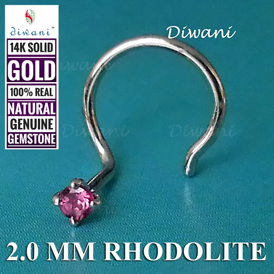 Diwani 2.0mm Rodolita Natural Oro 14k Boda Nariz Pin Cuerpo Piercing Anillo Perno Foto 3 de 4
