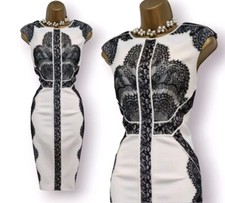 Karen Millen Ivory Black Lace Wiggle Pencil Occasion Dress UK 8