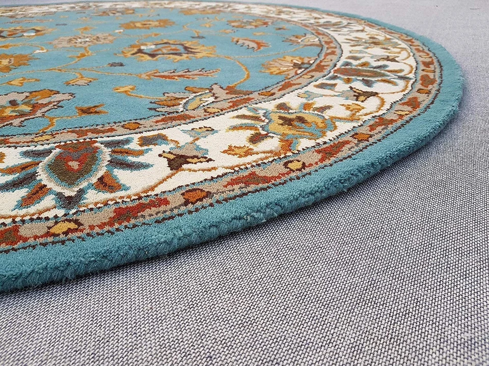 Rug Area Handmade Tufted Wool Hand Carpet Round Rugs Ivory Woolen Blue 100% - Image 2 of 4