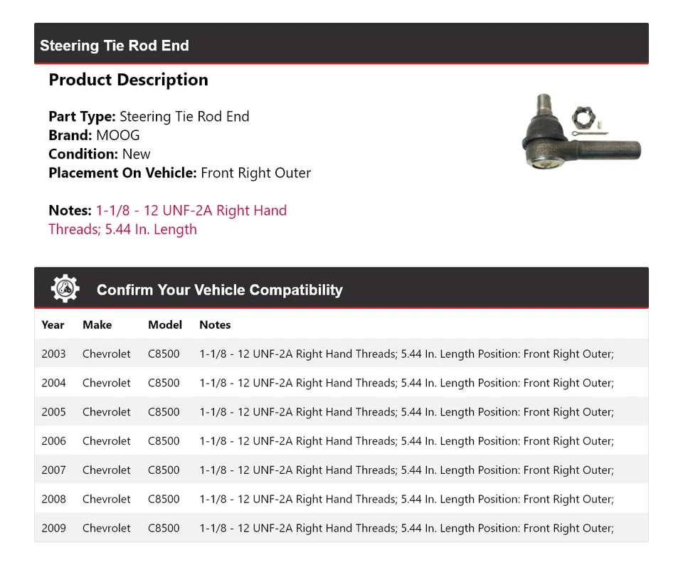 For 2003-2009 Chevrolet C8500 Steering Tie Rod End Front Right Outer MOOG 2003 - Image 2 of 4