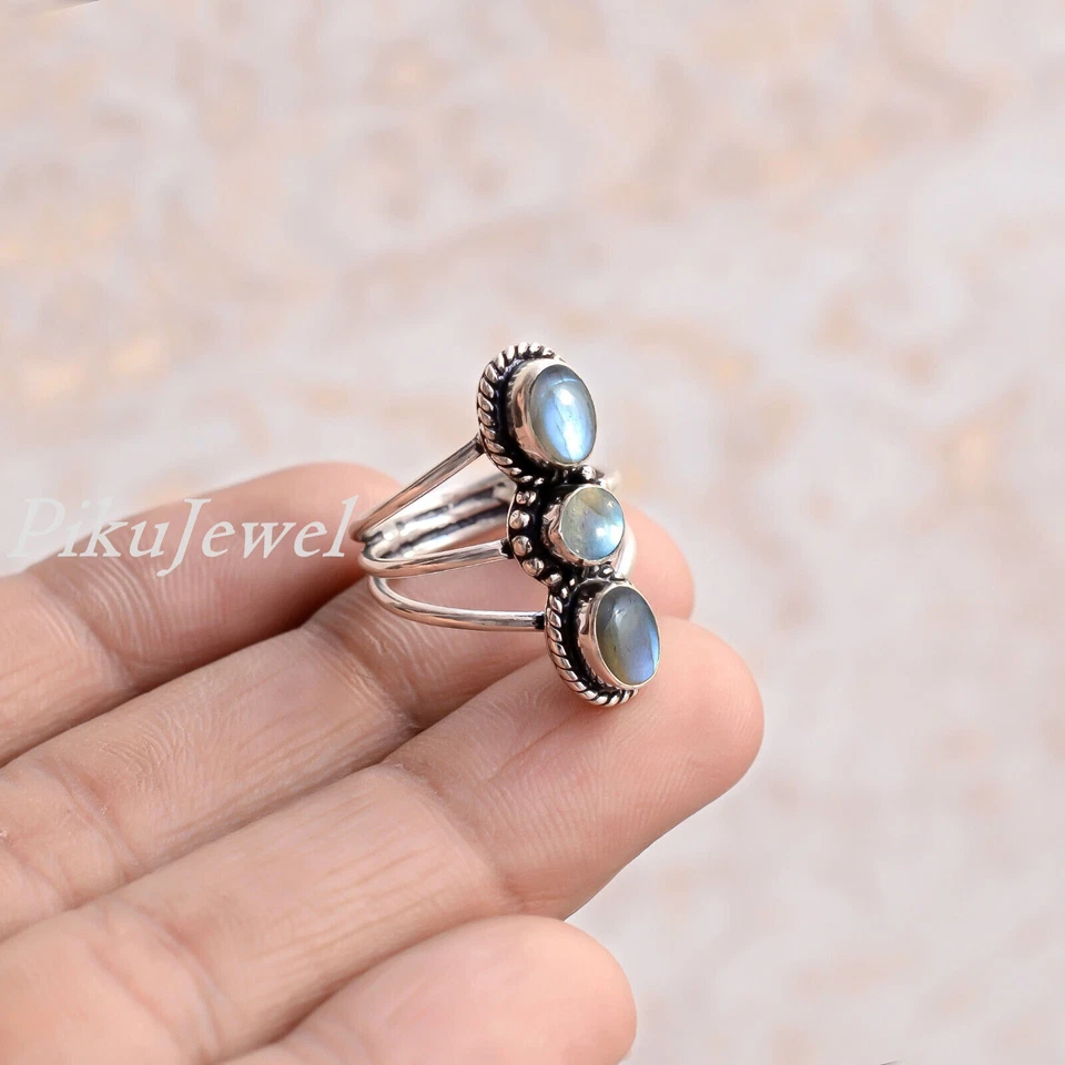 Anello fatto a mano in argento sterling 925 con gemma fuoco blu labradorite... - Immagine 3 di 4