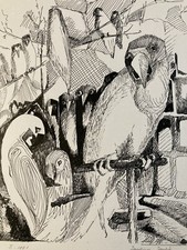 Beautiful Ink Drawing Parrot Birds Animal Cubist Post Cubism Paper 1990 Art