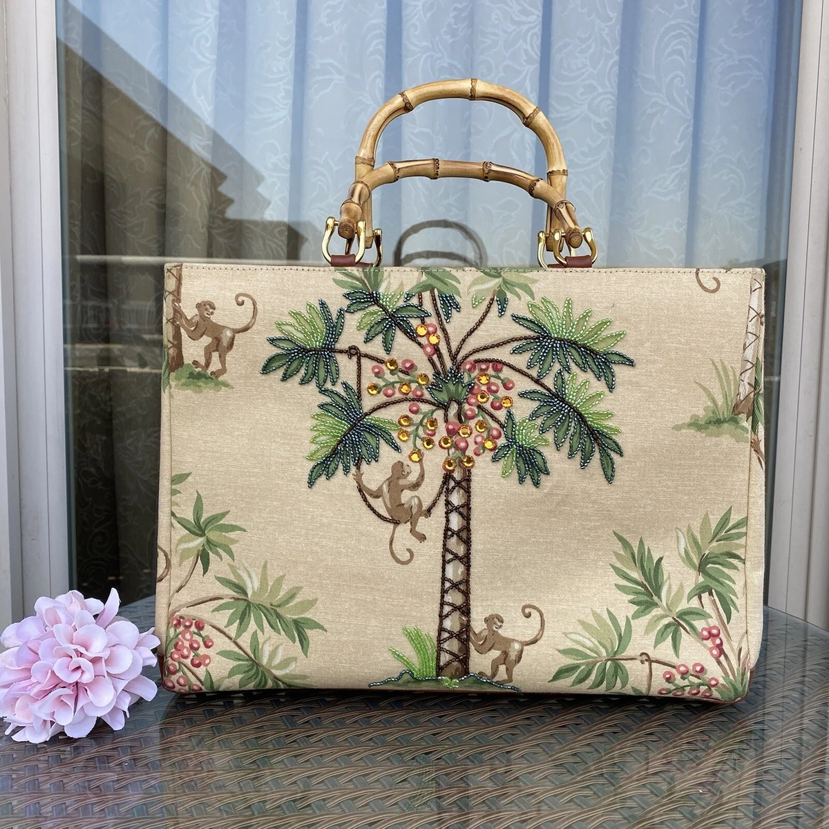 Isabella Fiore Handbag Tote Bag Beadmonkeys Beaded Rhinestone Bamboo Handle 14 w