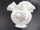 FENTON ART GLASS  WHITE OPALESCENT RUFFLED  HOPKINS HANDPAINTED  ROSE BOWL