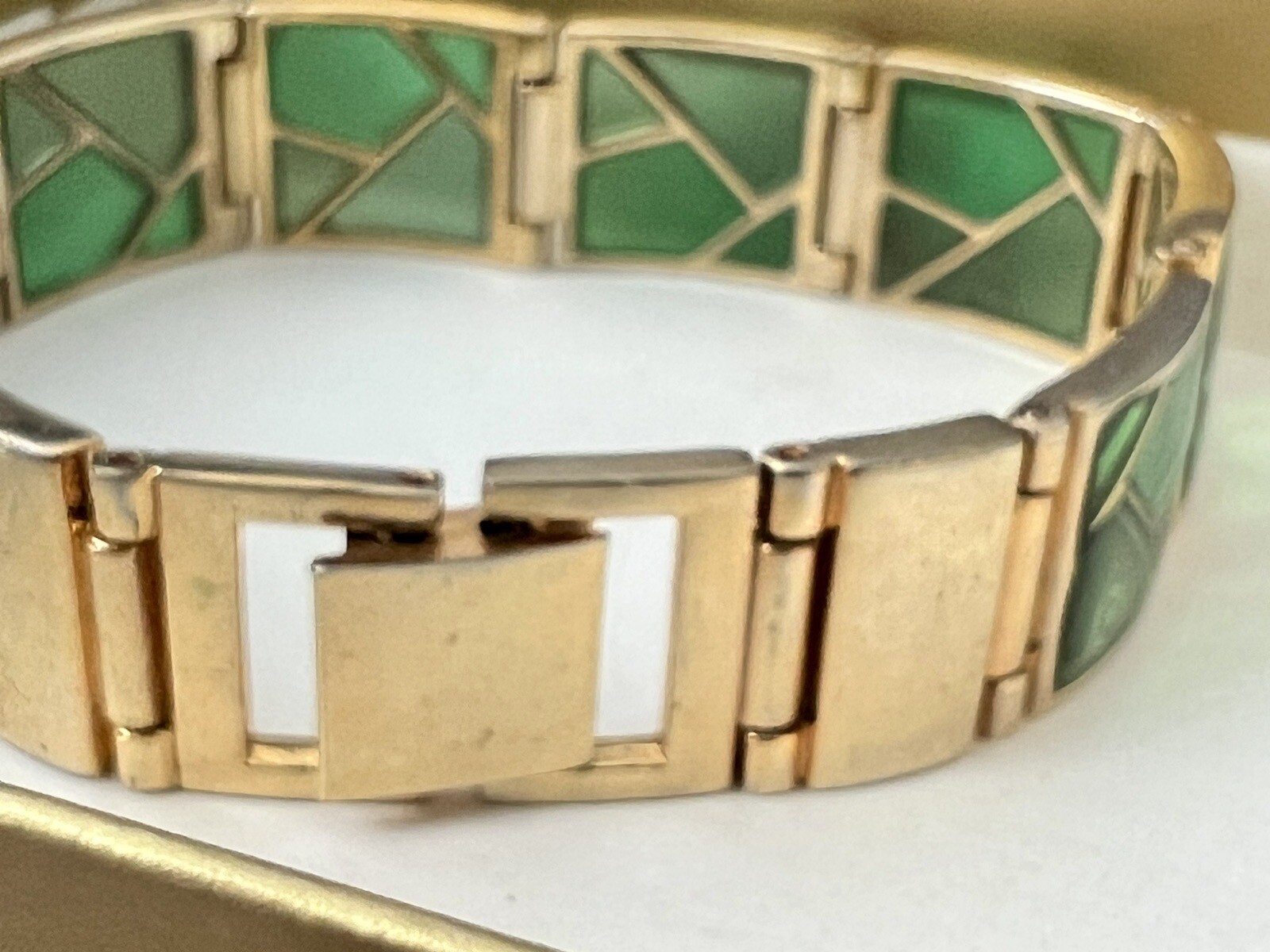 Gold Tone Green Stained Glass Art Deco Bracelet - Gem