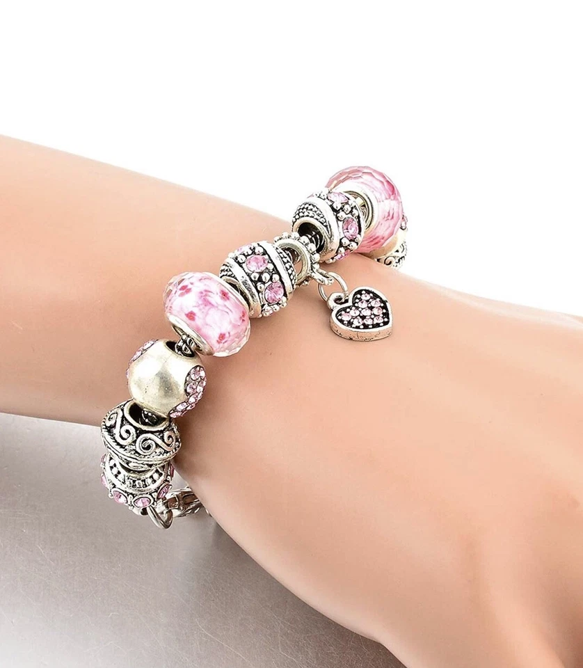 Pulseira Berloque Murano Banhada a Ouro 18K Coração Rosa CZ Feita com Elementos Swarovski - Imagem 3 de 3