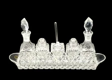 Mint Vintage 6 Piece West Germany Crystal Condiment Cruet Set w/Tray Lid & Spoon