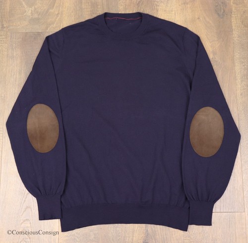 Brunello Cucinelli Blue Wool Cashmere Sweater Pullover Crewneck Elbow Pads 56