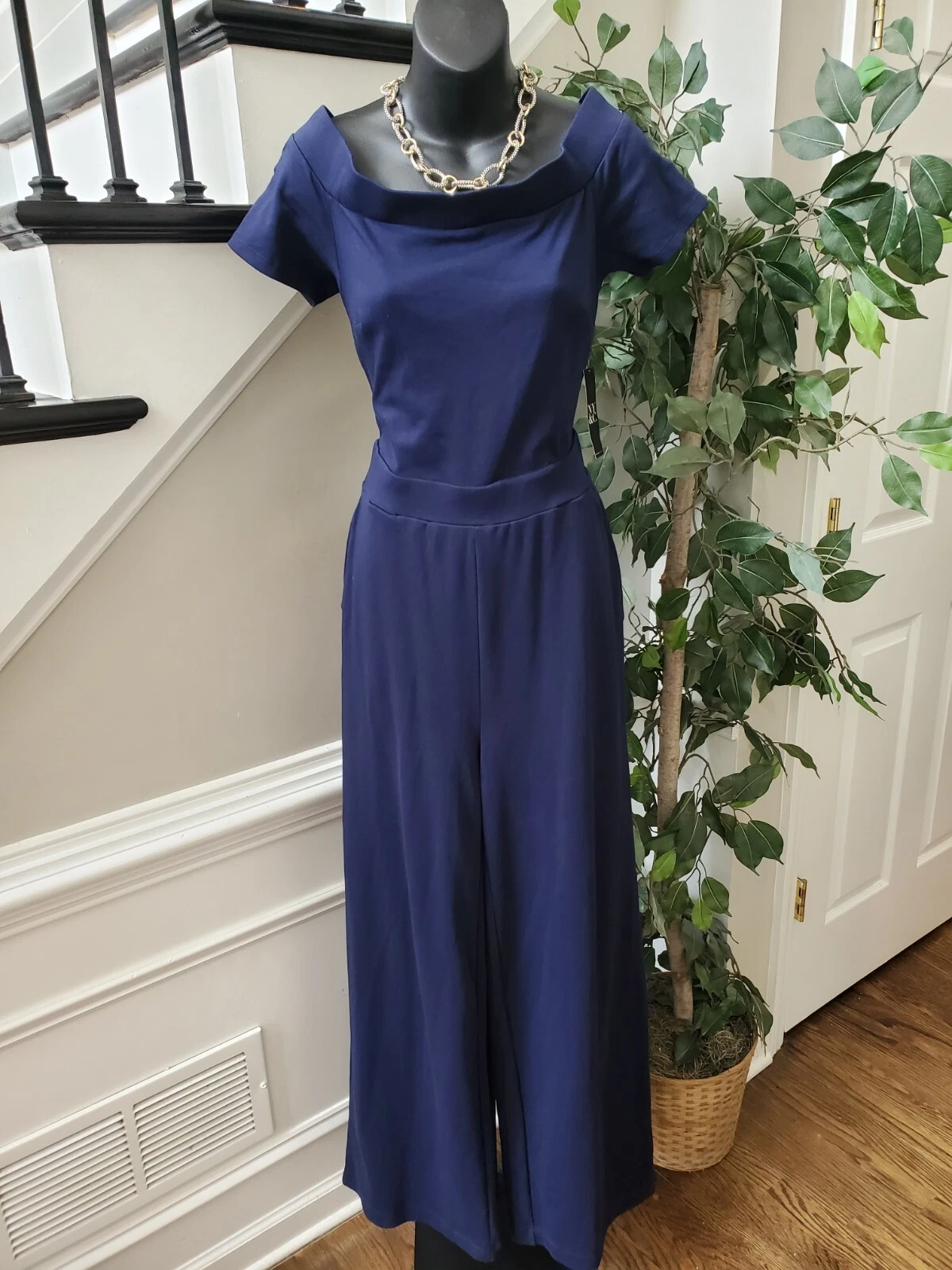 New York & Company Women's Blue Solid Cotton Off The Shoulder Jumpsuit Size M