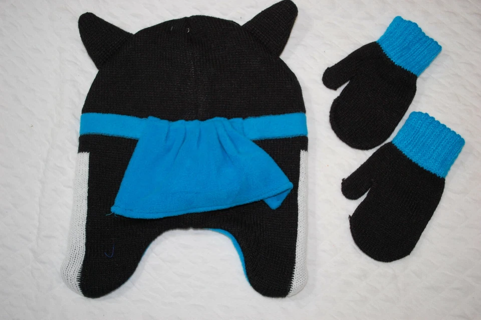 Toddler Boys Winter Hat SUPERDOG Masked Dog w/ Cape FLEECE LINED Mittens 2T-5T - Image 2 of 3