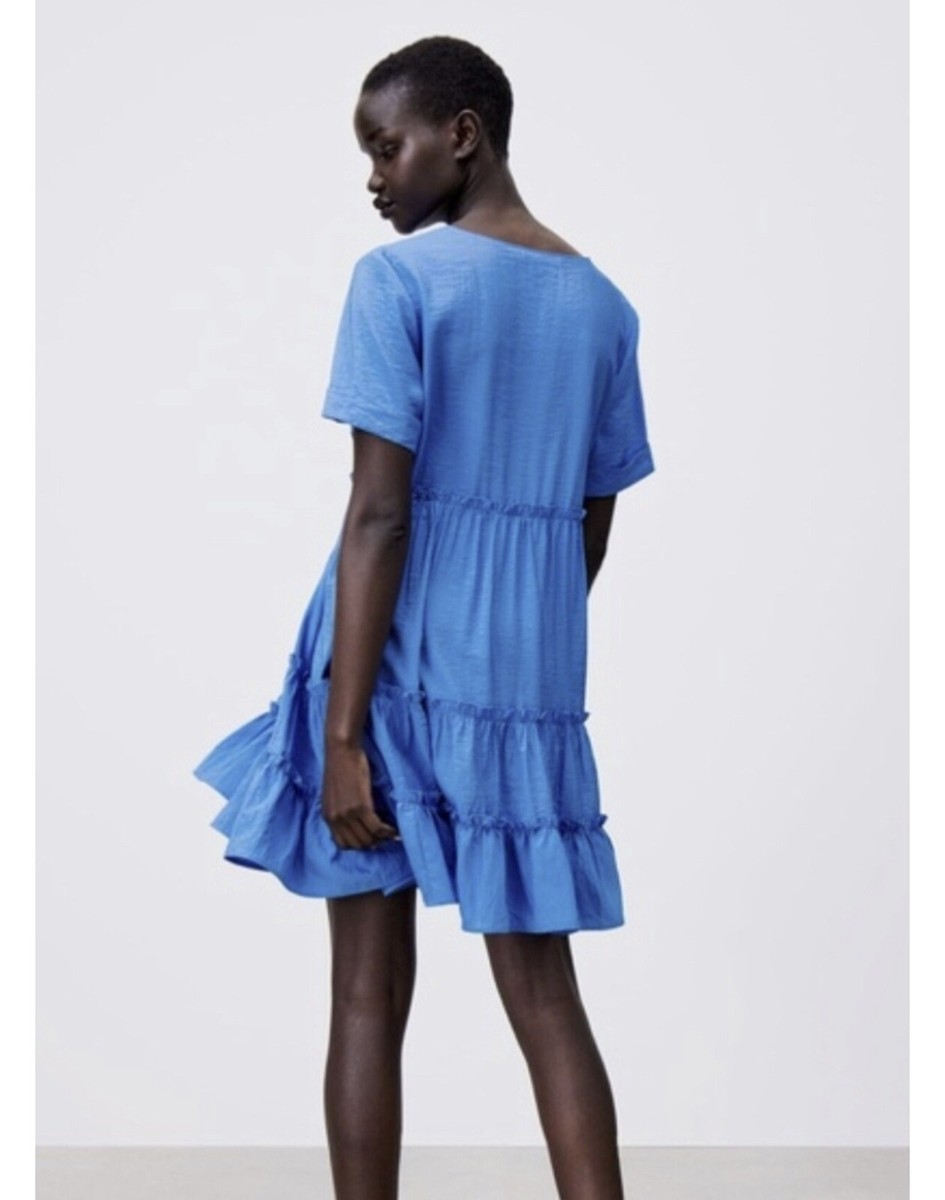 Zara Tiered Ruffle Mini Dress Bright Blue Embellished Size XS