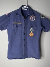 Boy Scouts of America BSA Youth Shirt Blue Sz Large Patches Short Sleeve Button