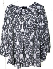 FRED DAVID TUNIC BLOUSE ladies sie 3X gray white print 3/4 sleeve silky pocket