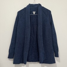 L.L. Bean Womens Blue Marled 100 Cotton Open Front Shawl Cardigan Size L Ribbed
