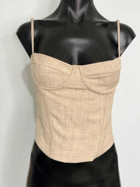 MUSERA beige linen corset top with tie back detail.