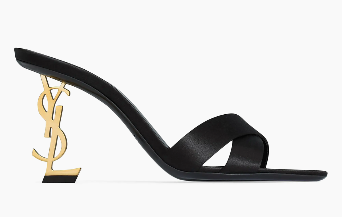 Saint Laurent Opyum 85 Sandal Black Satin Gold YSL Heel Backless