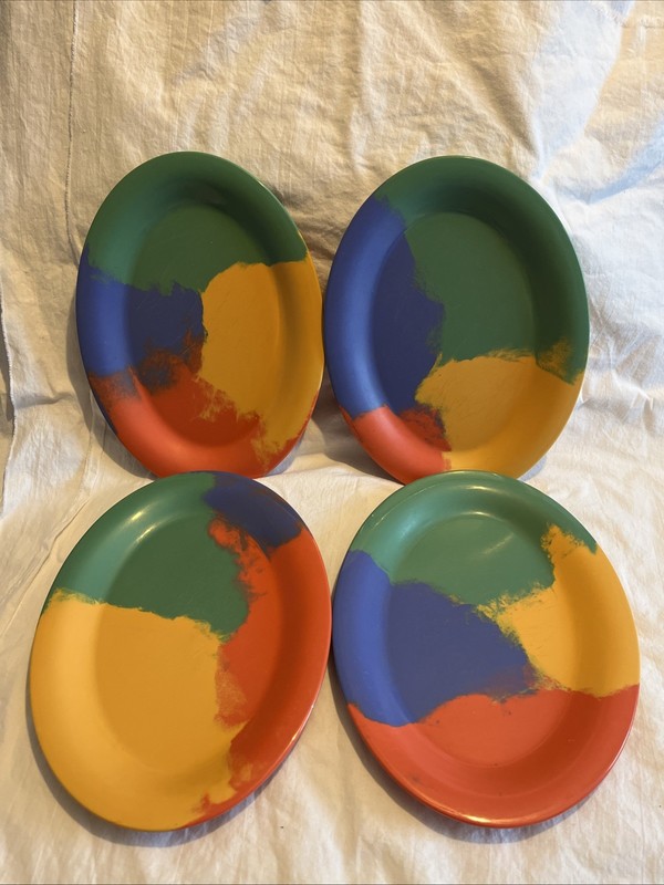 Vintage Lot Of 4 G. E. T. Melamine Multi Color Restaurant 12” Oval Dinner Plates