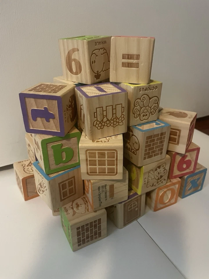 Bloques de construcción de aprendizaje de madera edades 1-3, 26 piezas ABC, #S, animales, alimentos, colores Foto 2 de 4