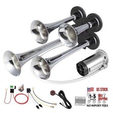 Truck Air Horn 4 Trumpet Train Horns Silver 4-Trumpet with Air Compressor 12V