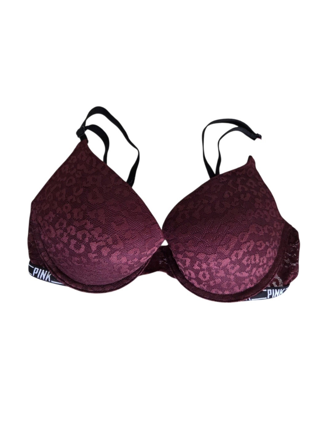 Victoria's Secret PINK Wear Everywhere Lace Push-Up Bra 32D Maroon Cheetah New