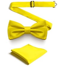 Black Men's Pre-Tied Bow Tie  Pocket Square Set - Elegant 013-banana Yellow