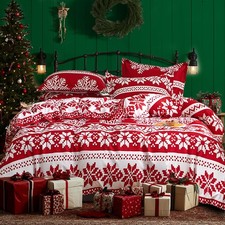 Christmas Duvet Cover Set King Soft Microfiber - Red Snowflake Striped Printe...