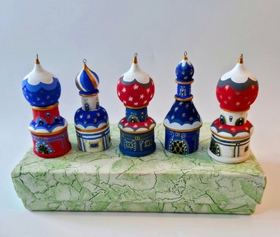 Russian Artisan Handpainted Wood Christmas Ornaments Set of 5 Cupola Towers NEW