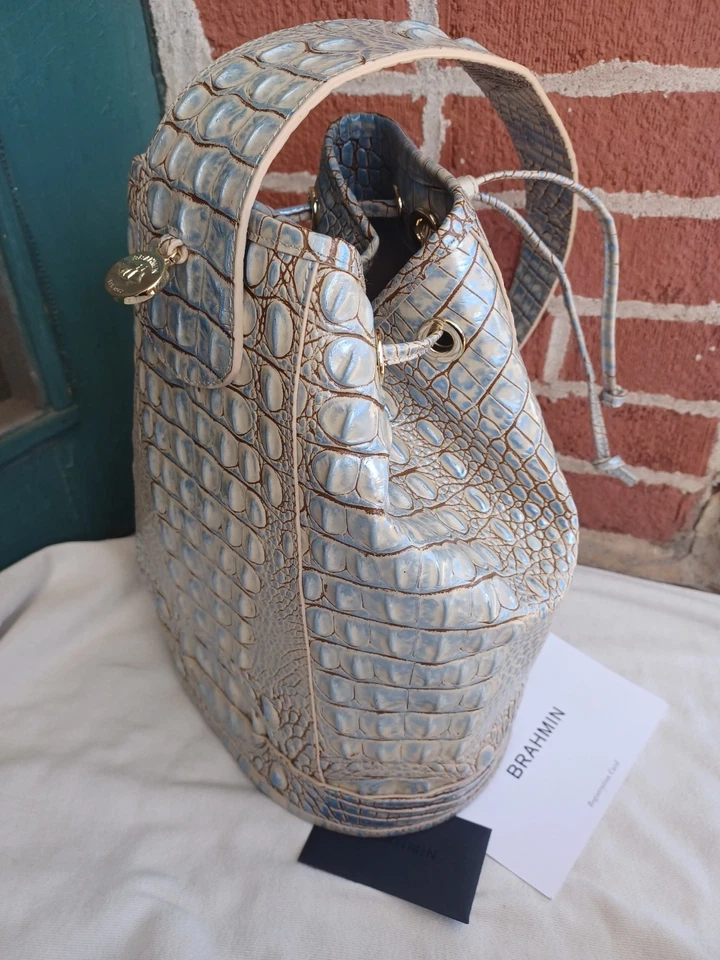 BOLSO MOCHILA DE CUERO BRAHMIN ALLIE BLUE HAZE MELBOURNE HLING COCODRILO EMBS USADO Foto 3 de 4