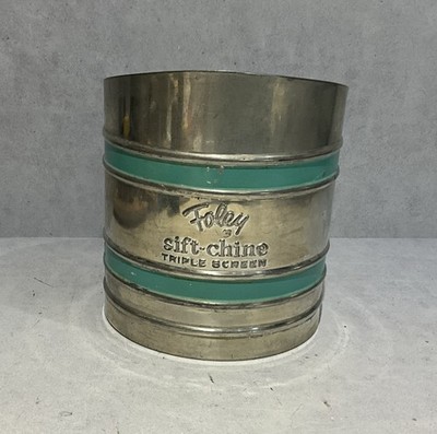Vintage Foley Sift-Chine Flour Sifter Triple Screen Turquoise Blue Silver Metal