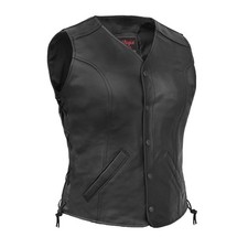 Womens Motorcycle Side Lace Leather Vest w/ 2 Black Concealed Carry Pockets