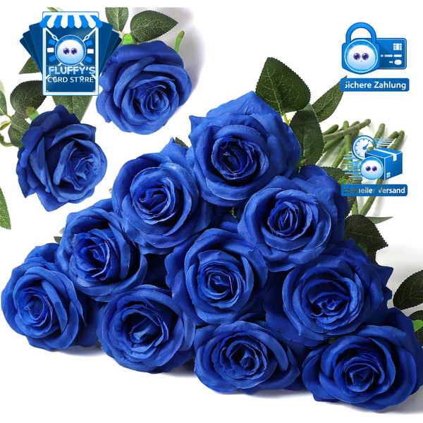KüNstliche Rosen Seidenblumen Blumenstrauß Blau 12 StüCk FüR Hochzeit Dekoration-image