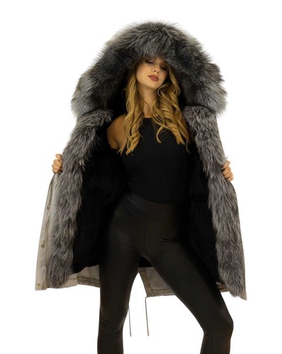 Winter Parka Mantel Jacke mit Silberfuchs XXL Pelzkragen Echtfell Echtpelz Pelz - Bild 5 von 23
