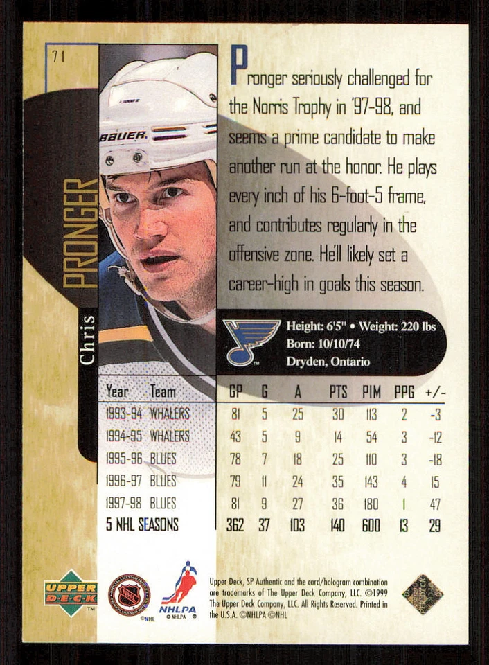1998-99 SP Authentic #71 Chris Pronger - Image 2 of 2