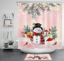 Pine Branches and Xmas Snowman on Pink Shower Curtain Bathroom Accessories Set