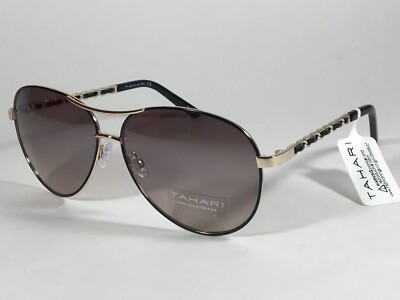 Tahari Aviator Sunglasses Gold Black Leather Gray Gradient Lens