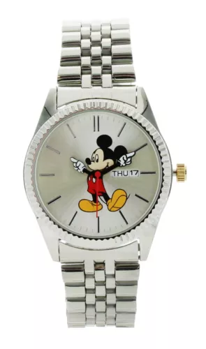 Disney Mickey Mouse Men's 'Moving Hands' Silver Bracelet Watch Gold crown MK8187