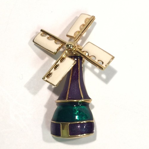 "Broche de molino de viento articulado vintage esmalte púrpura azul marino giros oro verde 2" - Imagen 4 de 5