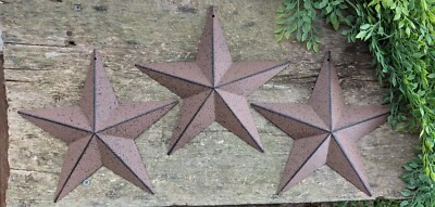 Set of 3 - 8'' RUSTY/BLACK BARN STAR Aged Antique Style Metal Tin Primitive Rust