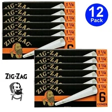 12 Packs Zig-Zag 1 1/4 1.25 Cones Rolling Pre Roll Tips 6 Per Pack 72 TOTAL