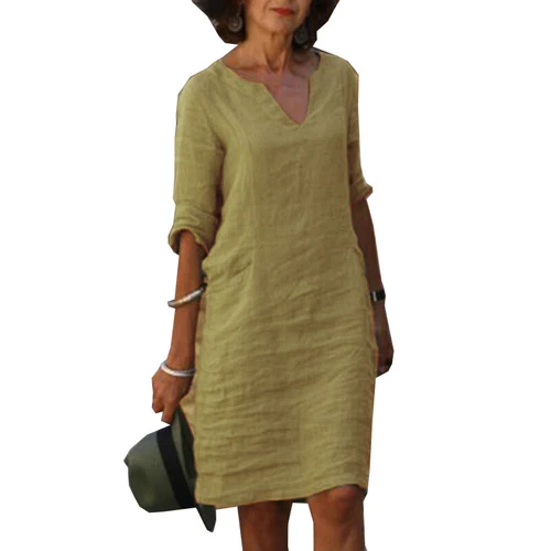 Women Short Sleeve Cotton Linen Midi Dress Ladies Solid V Neck Loose Sundress US - Bild 13 von 40