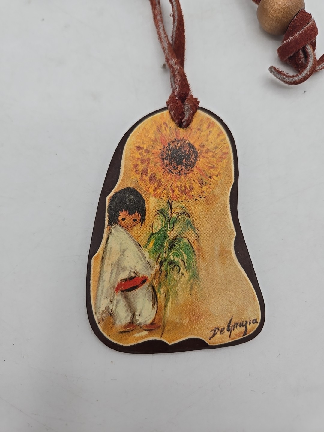 Vintage De Grazia Sunflower Boy Wooden Pendant