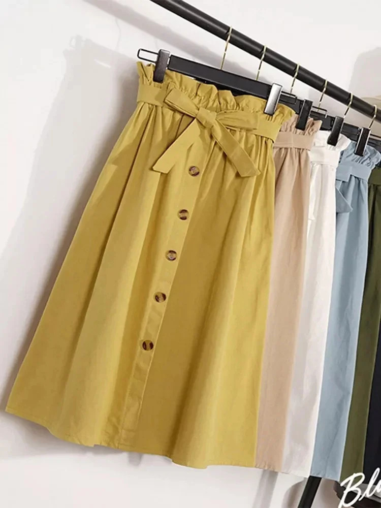 Summer Autumn Skirts Womens Midi Knee Length Korean Elegant Button High Waist Sk