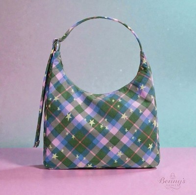 Baggu Nylon Shoulder Bag Purse Green Star Plaid IN HAND RARE NEW Authentic